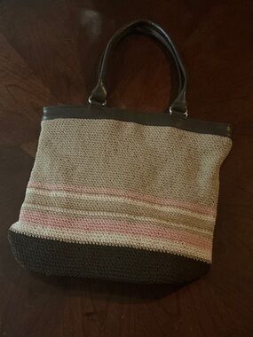 Neutral Woven Tote with Pink Stripe Accents
